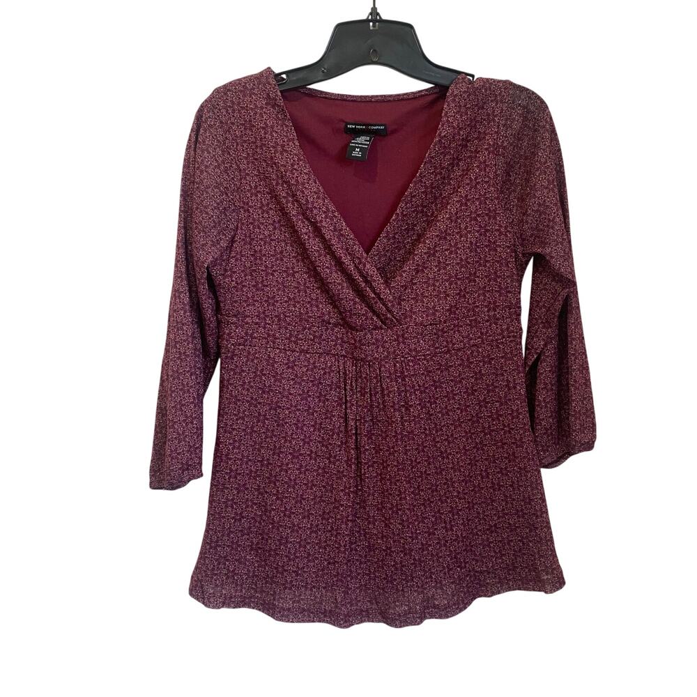 Y2K New York & Company Maroon Red Metallic Gold Babydoll V Neck blouse Sz M